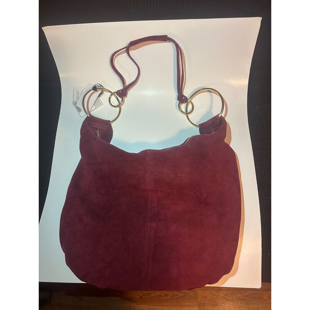 Suede Burgundy Hobo Bag with Gold Rings